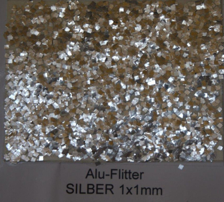 Alu-Flitter silber 1x1sq 100gr./10dag